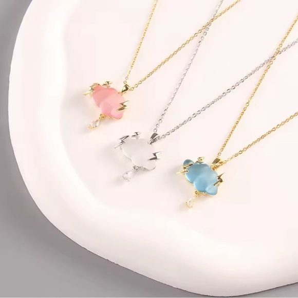 18K Gold Pink Opalescent Cloud Lightning Bolts Diamond Rain Drop Necklace - Picture 6 of 7